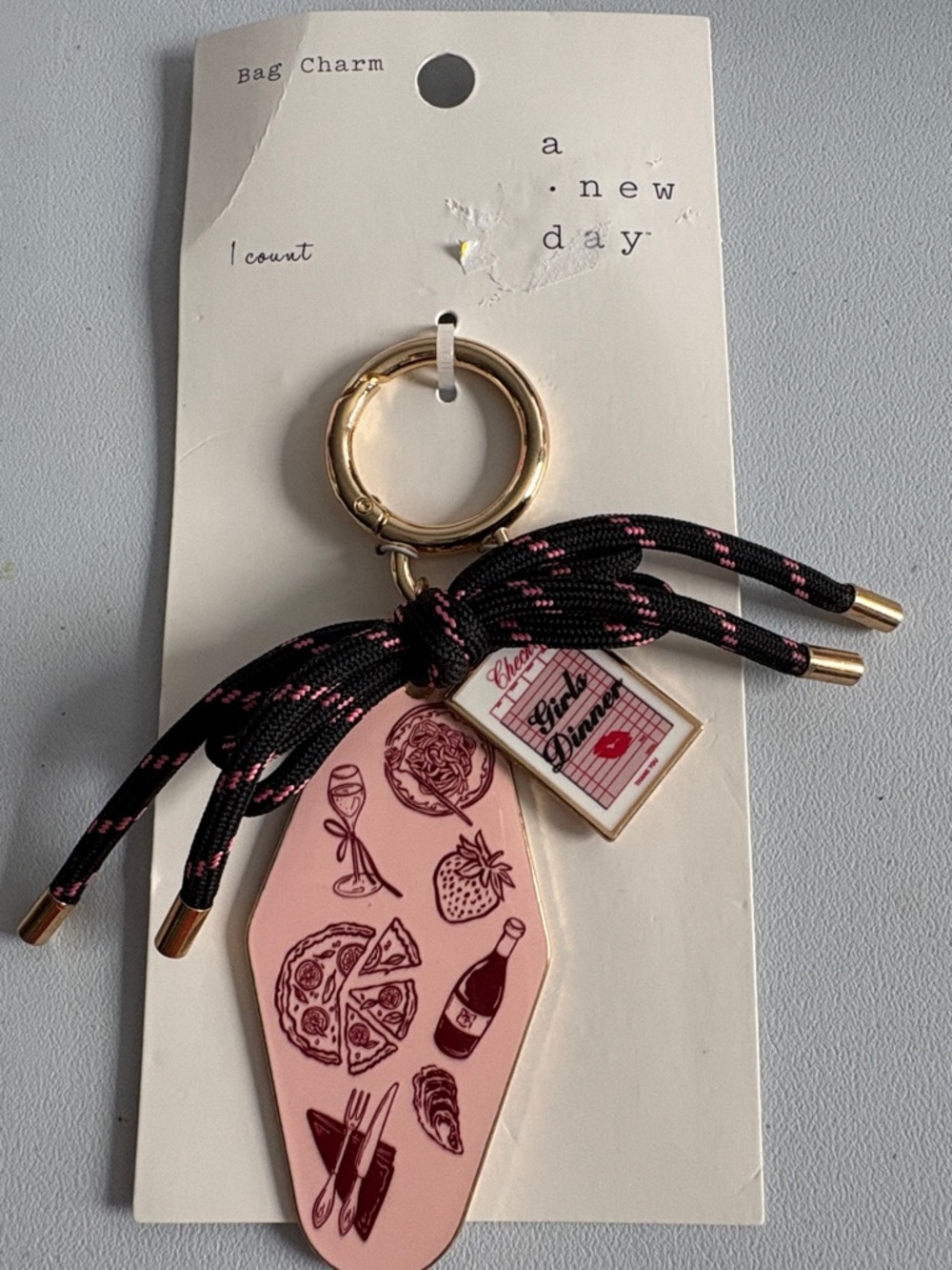 a new day Pink Bistro Charm Keychain with Gold Ring
